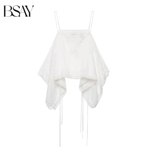 White Boho Lace Trim Camisole with Embroidered Hem & Tie Back Detail - Beach Vacation Ready