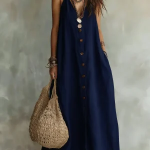 Linen V-Neck Maxi Dress with Spaghetti Straps - Resort & Summer Days