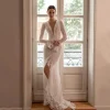 Bridal Shower Deep V Lace Mermaid Wedding Dress with Flare Sleeves – Boho Bridal Romance
