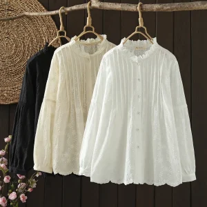 Boho Cotton Peasant Blouse with Delicate Embroidery & Stand Collar – Beach Escape, Cottagecore & Everyday Romance