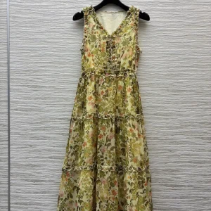 Colorful Floral Pleated Midi Dress with Lace V-Neck - Summer Countryside & Garden Party Ready