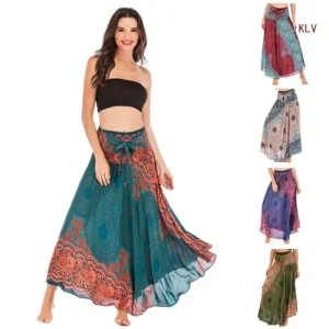 Bohemian Rayon Maxi Skirt Dress - Elastic Waist & Ruffled Hem - Festival & Date Ready