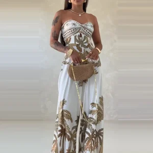 Boho Printed Strapless Jumpsuit - Backless Wide Leg Beach Ready