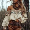 Boho Off Shoulder Tribal Floral Print Blouse with Puff Sleeves and Gathered Waist – Resort Vacation & Everyday Romance
