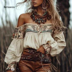 Boho Off Shoulder Tribal Floral Print Blouse with Puff Sleeves and Gathered Waist - Resort Vacation & Everyday Romance