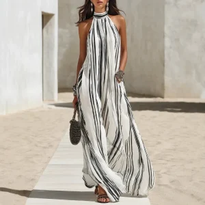 Coastal Linen Halter Maxi Dress with Hollow Out Detail - Vacation & Resort Ready