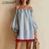Vertical Stripe Off Shoulder Mini Dress – Beach & Vacation Boho Style