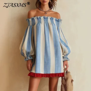 Vertical Stripe Off Shoulder Mini Dress - Beach & Vacation Boho Style