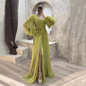 Olive Green Chiffon Maxi Dress with Flowing Sleeves & Thigh Slit - Destination Wedding & Resort Evening Edit