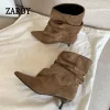 Suede Ankle Boots – Pointed Toe Ruched Kitten Heel for Fall & Winter