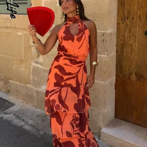 Boho High Neck Halter Maxi Dress with Multi-Layer Folds - Summer Vacation Ready