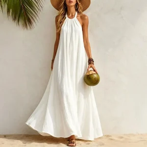 Boho Halter Linen Maxi Dress with Relaxed A-Line Silhouette - Beach & Vacation Ready