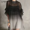 Boho Gradient Fringe Mini Dress with Sheer Mesh – Beach & Party Ready