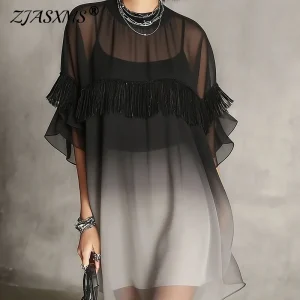 Boho Gradient Fringe Mini Dress with Sheer Mesh - Beach & Party Ready