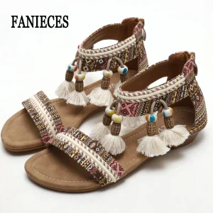 Vintage Print Tassel Ankle Strap Flat Sandals – Beach & Vacation Ready Boho Style
