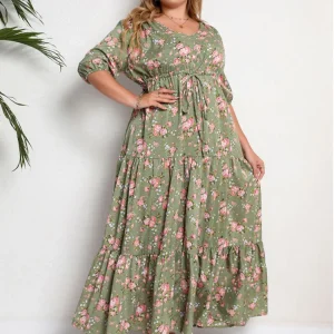 Plus Size Floral Knot Front Maxi Dress with Ruffle Hem - Vacation & Summer Boho