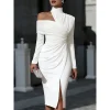 Date Night Asymmetrical Ruched Midi Dress with Off-Shoulder Detail – Cocktail & Evening Elegance