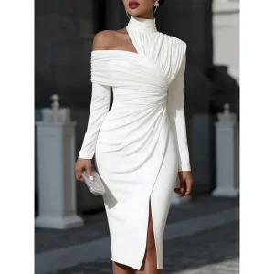 Date Night Asymmetrical Ruched Midi Dress with Off-Shoulder Detail - Cocktail & Evening Elegance