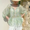 French Boho Floral Puff Sleeve Blouse with Lace Trim – Summer Vacation & Romantic Casual Style