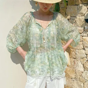 French Boho Floral Puff Sleeve Blouse with Lace Trim - Summer Vacation & Romantic Casual Style