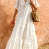 French Boho Cotton Maxi Dress – Hollow Out Tiered Design for Beach Getaways
