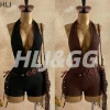 Boho Brown Halter Romper – Deep V Backless – Beach & Vacation Ready