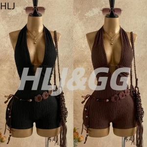 Boho Brown Halter Romper - Deep V Backless - Beach & Vacation Ready