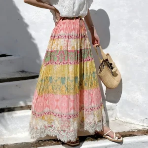 Boho Floral Tiered Maxi Skirt - Lace Hem - Beach & Vacation Ready