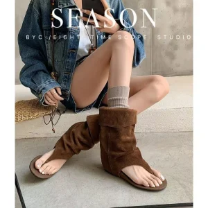 Brown Faux Suede Open Toe Ankle Booties - Fold-Over Cuff Festival Style
