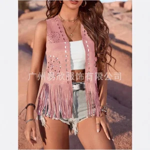 Vintage Western Fringe Faux Suede Vest with Embroidered Tassel Trim - Festival & Americana Boho Layering Essential