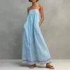Striped Backless Maxi Dress – Frill Trim Beach Sundress