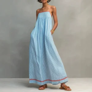 Striped Backless Maxi Dress - Frill Trim Beach Sundress