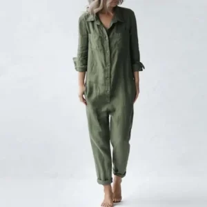 Vintage Cotton Linen Jumpsuit with Button Front for Autumn Winter