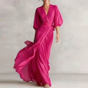 Boho Puff Sleeve Maxi Dress - Deep V Wrap Waist - Evening & Resort Ready