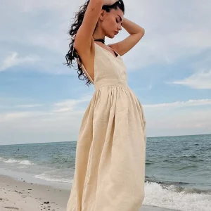 Boho Cotton Midi Dress - V Neck Backless Silhouette - Beach & Resort Ready