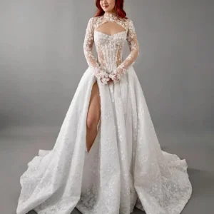 Boho Lace Wedding Dress with Detachable Sleeves & Leg Split - Bridal Shower & Garden Wedding Ready
