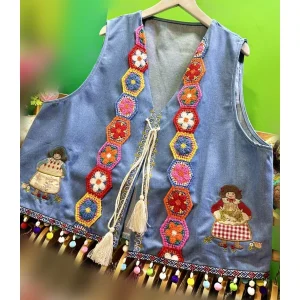 Vintage Denim Crochet Embroidered Fringe Vest - Cottagecore Boho Chic