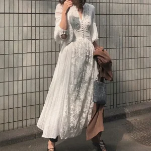 Boho Embroidered Maxi Dress - Floral Lantern Sleeves - Resort Style
