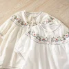 Boho Floral Embroidered Cotton Peasant Top with Tie Neck – Summer Vacation, Brunch & Cottagecore Style