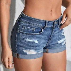 Mid Waist Frayed Denim Shorts - Perforated Cuffs - Beach & Festival Style