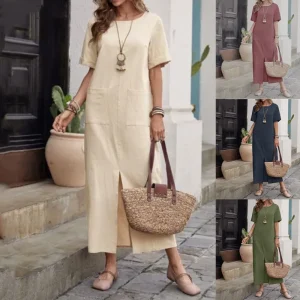 Cotton Linen Midi Dress with Pockets - Everyday Resort & Brunch Style