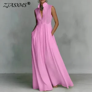 Boho High Neck Maxi Shirt Dress with Button Detail - Spring Summer Party Ready