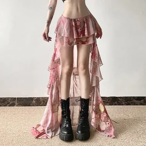 Boho Floral Ruffle Maxi Skirt - Irregular A-Line - Holiday & Party Ready