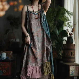 Vintage Floral Linen Maxi Dress - Loose A-Line Summer Style