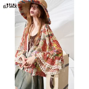 Vintage Floral Patchwork Chiffon Blouse with Lace Trim - Romantic Boho Summer Top for Americana Style