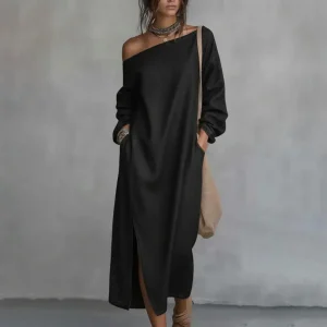 One Shoulder Cotton Maxi Dress with Side Slit for Summer