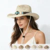 Floppy Wide Brim Straw Hat, Hollow Crochet Turquoise Beaded Cowboy Sun Hat – Beach Vacation & Festival Style
