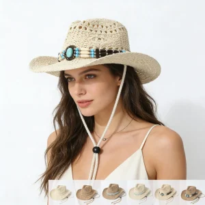 Floppy Wide Brim Straw Hat, Hollow Crochet Turquoise Beaded Cowboy Sun Hat – Beach Vacation & Festival Style