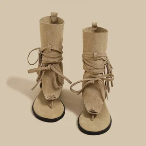 Boho Fringe Gladiator Sandals with Lace-Up Tassels - Festival Summer Statement Footwear