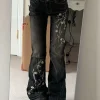 Boho Floral Embroidered Flare Jeans – Vintage Y2K Low Rise Denim